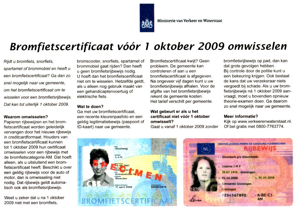 Bromfietscertificaat voor 1 oktober 2009 omwisselen
