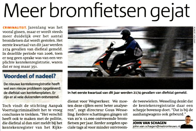 Meer bromfietsen gejat artikeltje