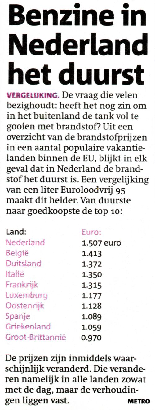 Benzine in Nederland het duurst artikeltje