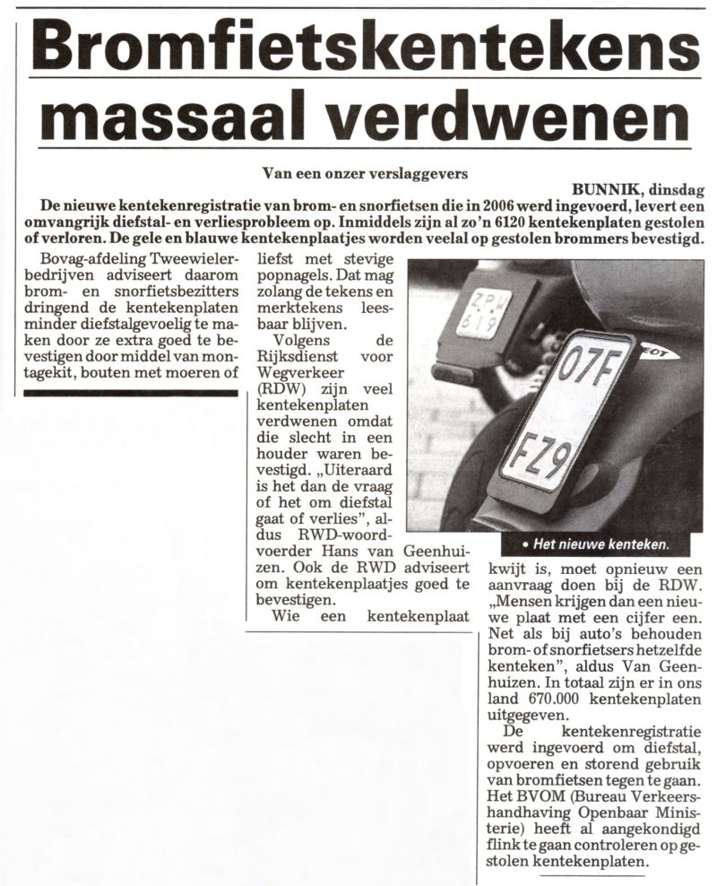 Bromfietskentekenplaten diefstal artikeltje
